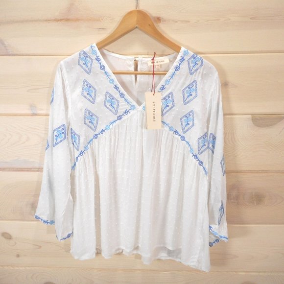 Solitaire Women's sz M Embroidered Boho Peasant Blouse White Blue Swiss - Picture 1 of 8